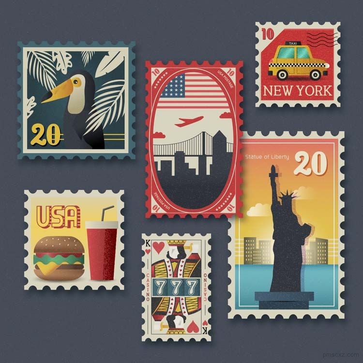 17款海外旅游地标建筑纪念邮票手绘卡通ai矢量旅行社宣传海报素材 平面素材下载